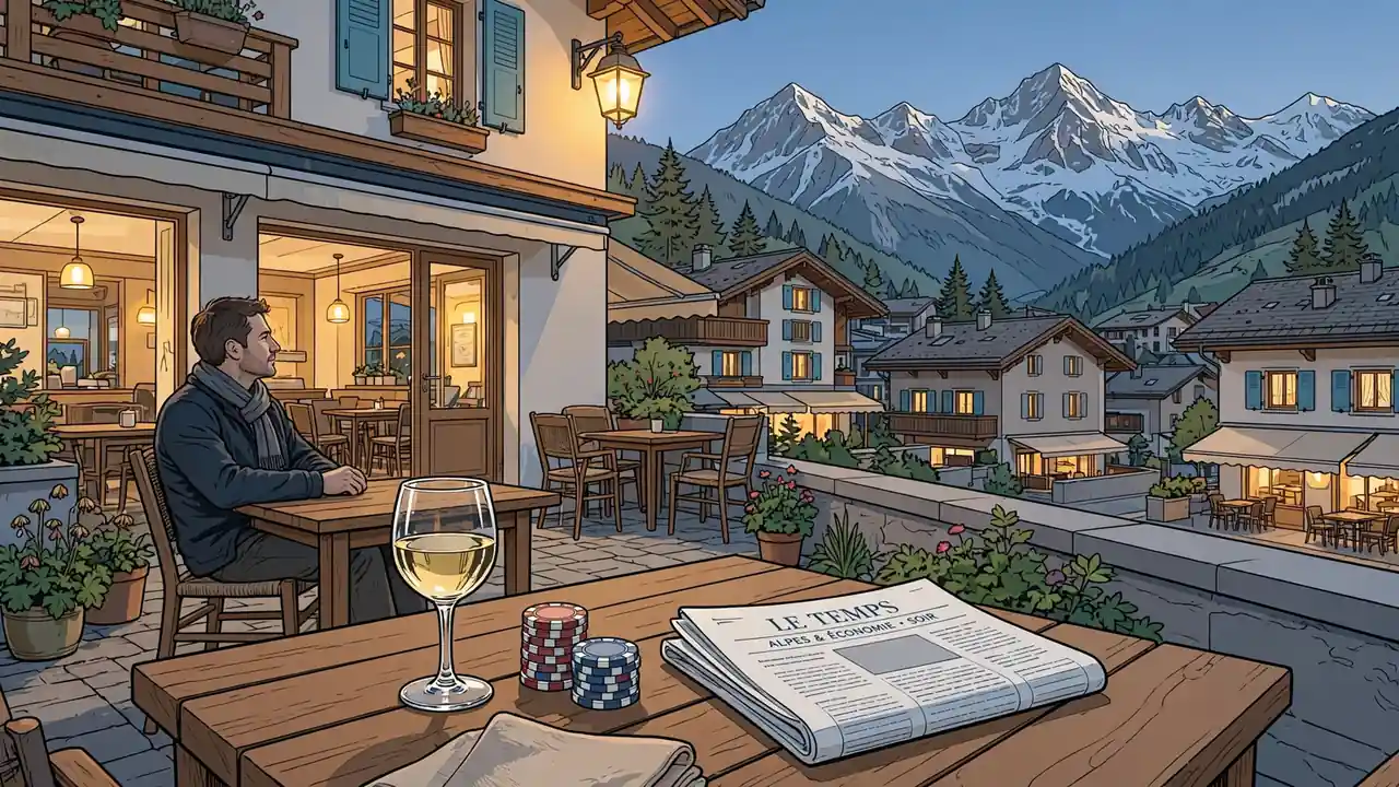 Abendstimmung auf einer Schweizer Terrasse mit Spielchips und Wein vor verschneiten Alpen.