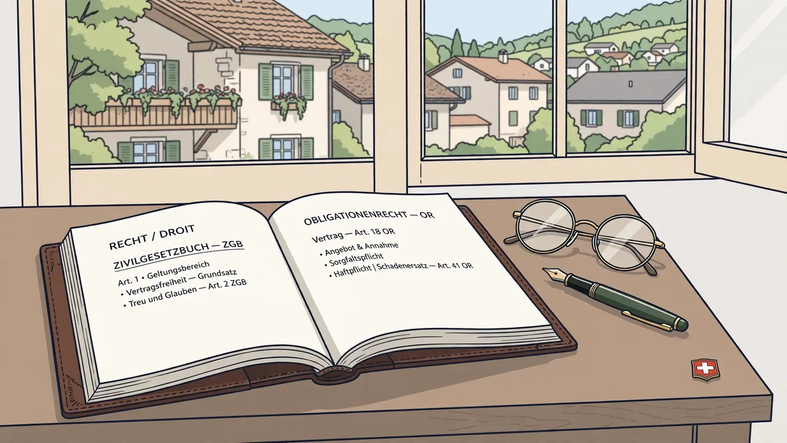 Aufgeschlagenes Buch mit Vertragsbedingungen auf einem Holzschreibtisch.