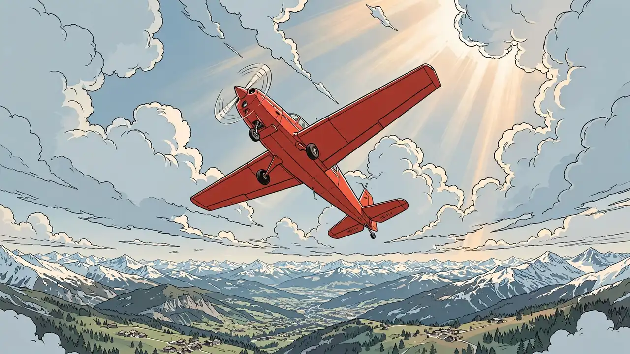 Rotes Propellerflugzeug steigt steil über die Schweizer Alpen auf
