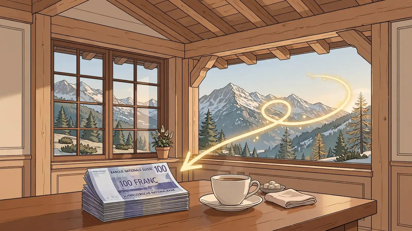 Schweizer Chalet-Innere mit franken-noten und rückerstattungs-pfeil auf dem tisch