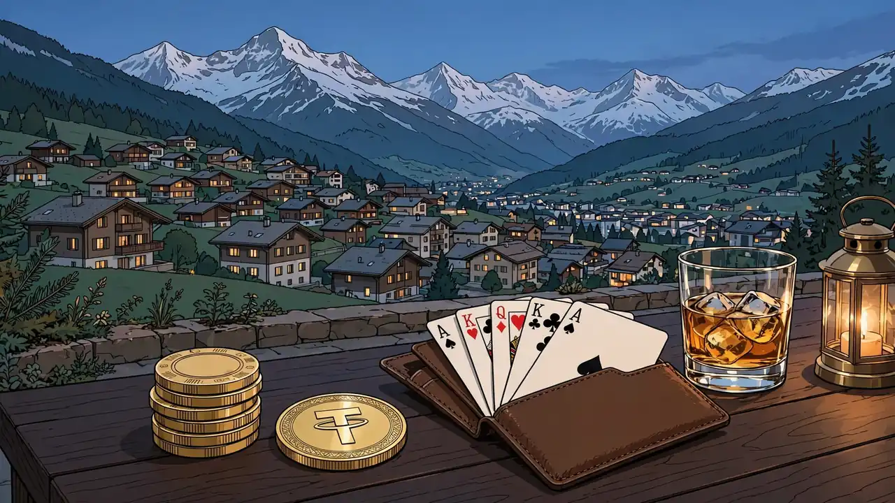 Schweizer Bergstadt bei Dämmerung mit Casino-Chips, Tether-Münze und Spielkarten auf einem Holztisch.