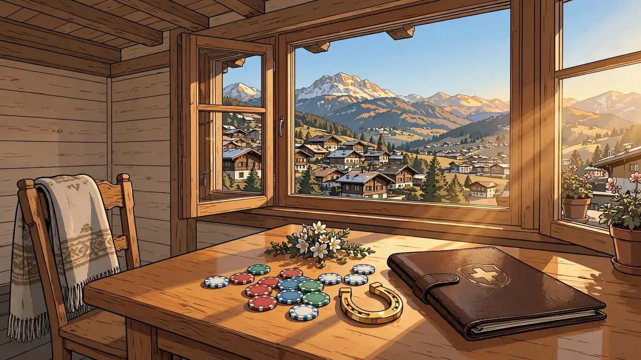 Casino-Chips und ein versiegeltes Dossier mit Schweizerkreuz in einem gemütlichen Chalet mit Blick auf die Alpen.