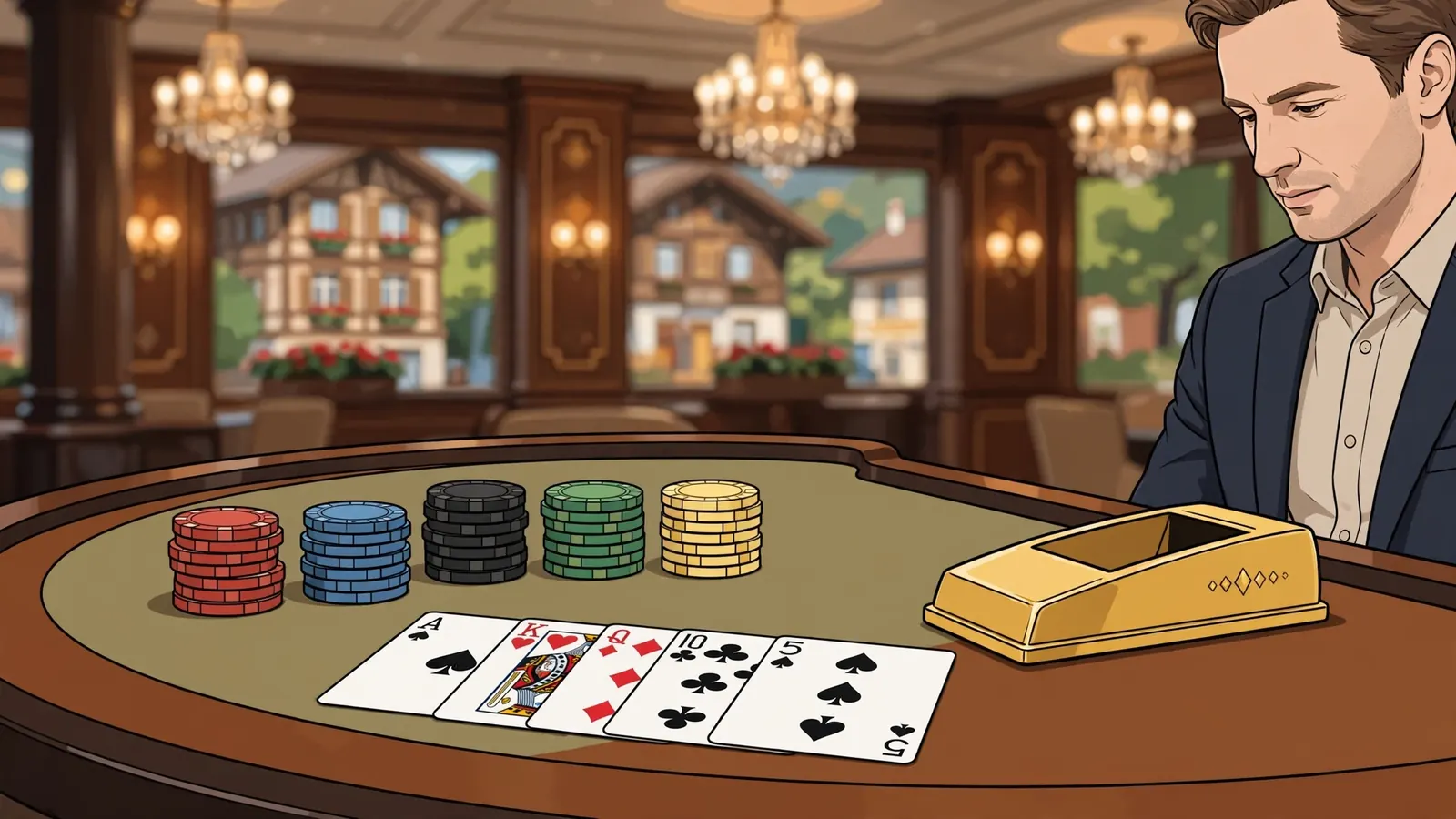 Schweizer Casino-Tisch mit Blackjack-Karten und Jetons unter warmem Kronleuchterlicht.
