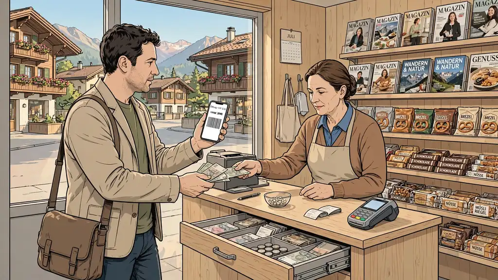 Kunde bezahlt mit Bargeld und zeigt Barcode auf Smartphone an einem Schweizer Kiosk