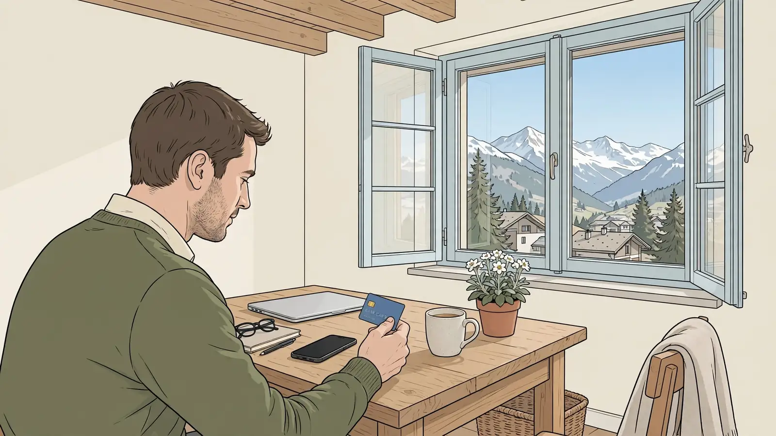 Person am Schreibtisch in Schweizer Wohnung mit Bankkarte und Smartphone vor Alpenkulisse