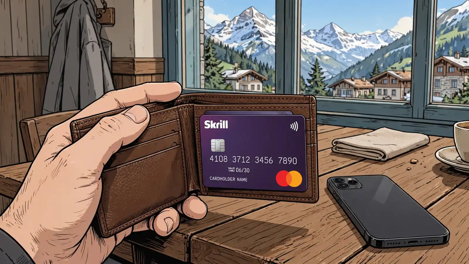 Geldbörse und Smartphone in einem Schweizer Bergcafé mit Alpenblick.