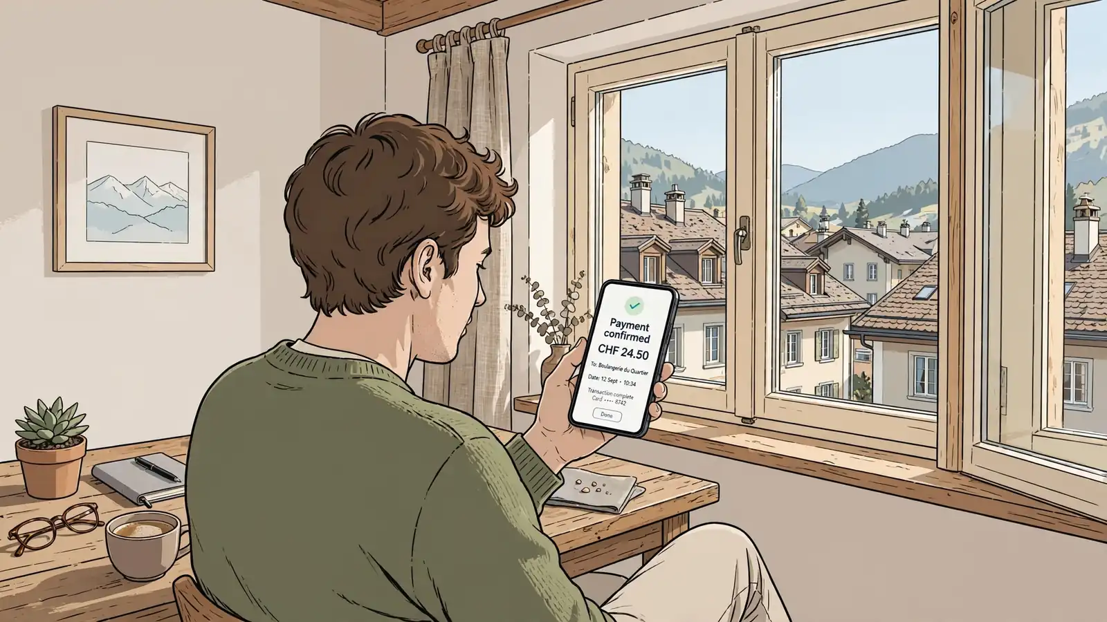 Person mit Smartphone in Schweizer Wohnung bei Online-Zahlung mit TWINT