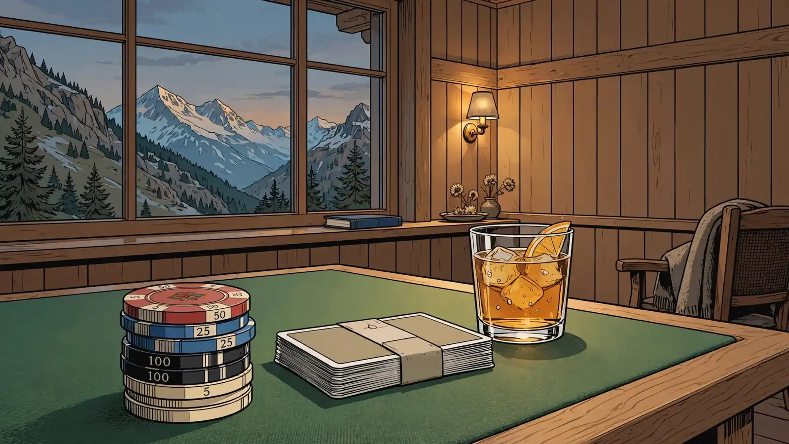 Casino-Chips und Karten in einer Schweizer Berglounge