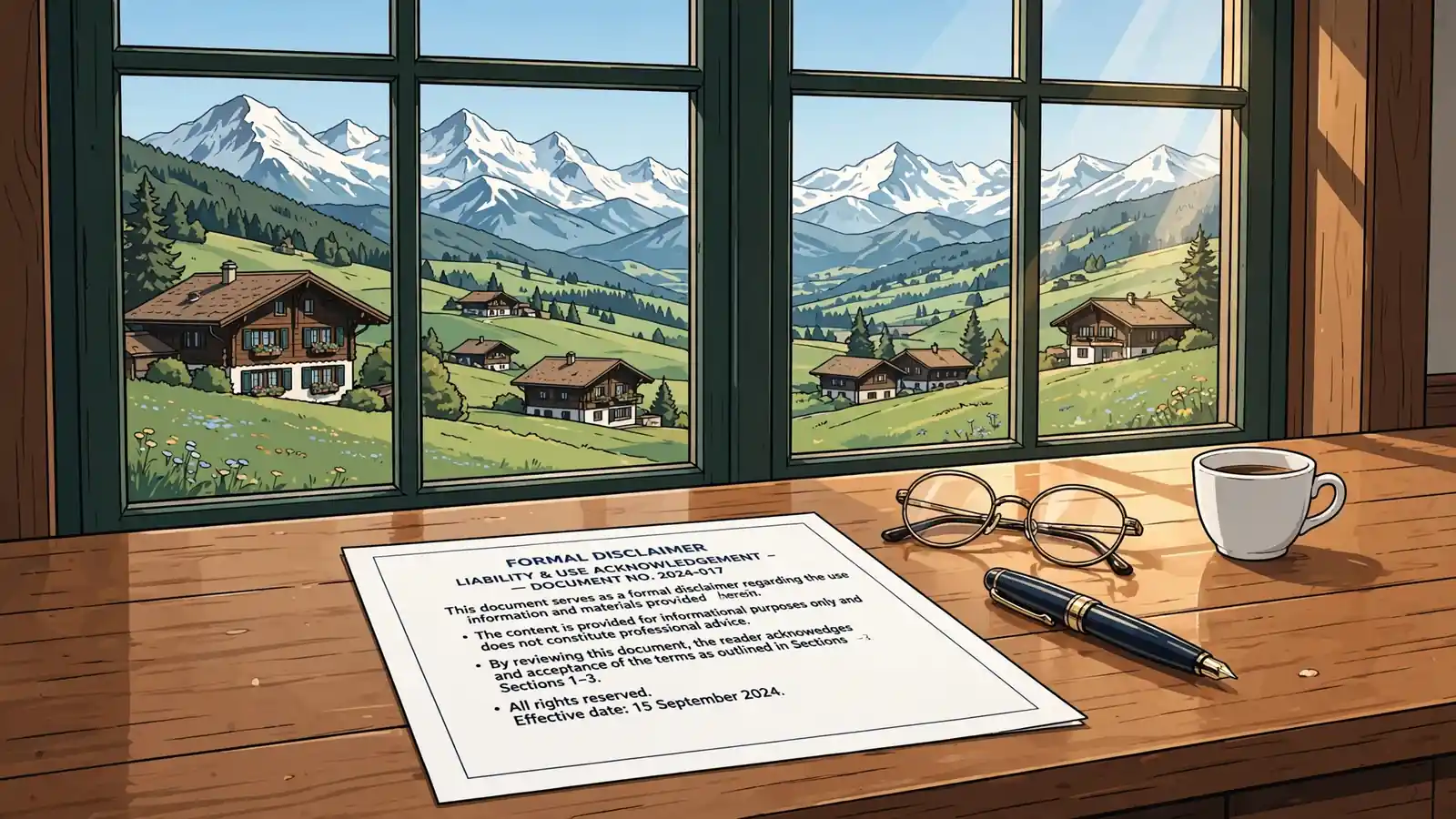Formelles Dokument auf Holzschreibtisch mit Blick auf Schweizer Alpen durch das Fenster.