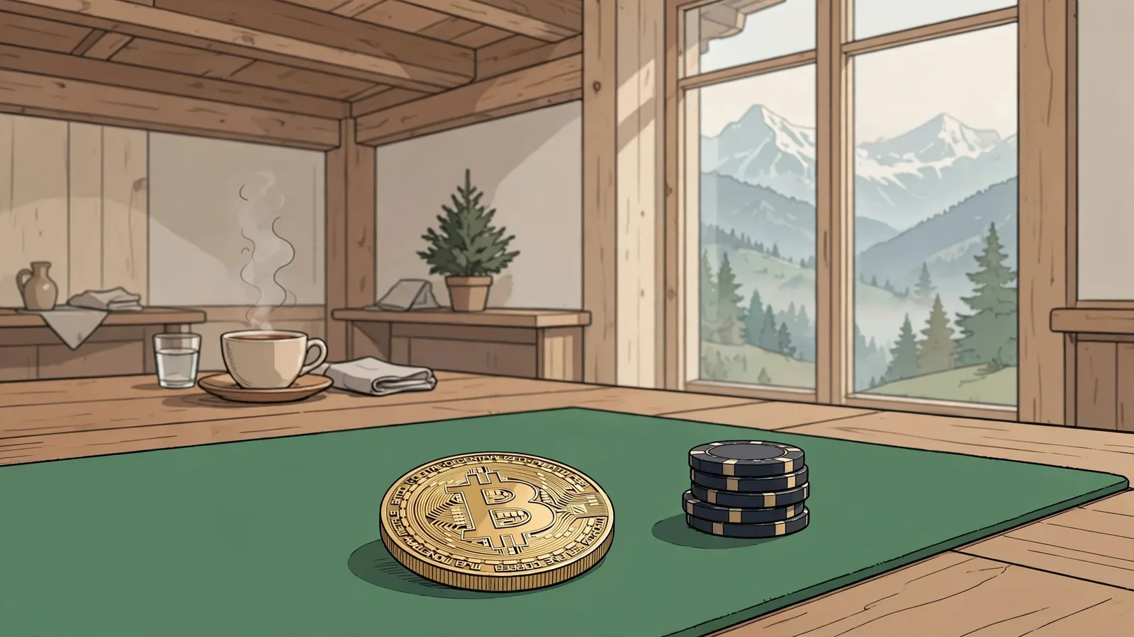 Bitcoin-Münze auf Casino-Tisch mit Schweizer Bergblick im Hintergrund