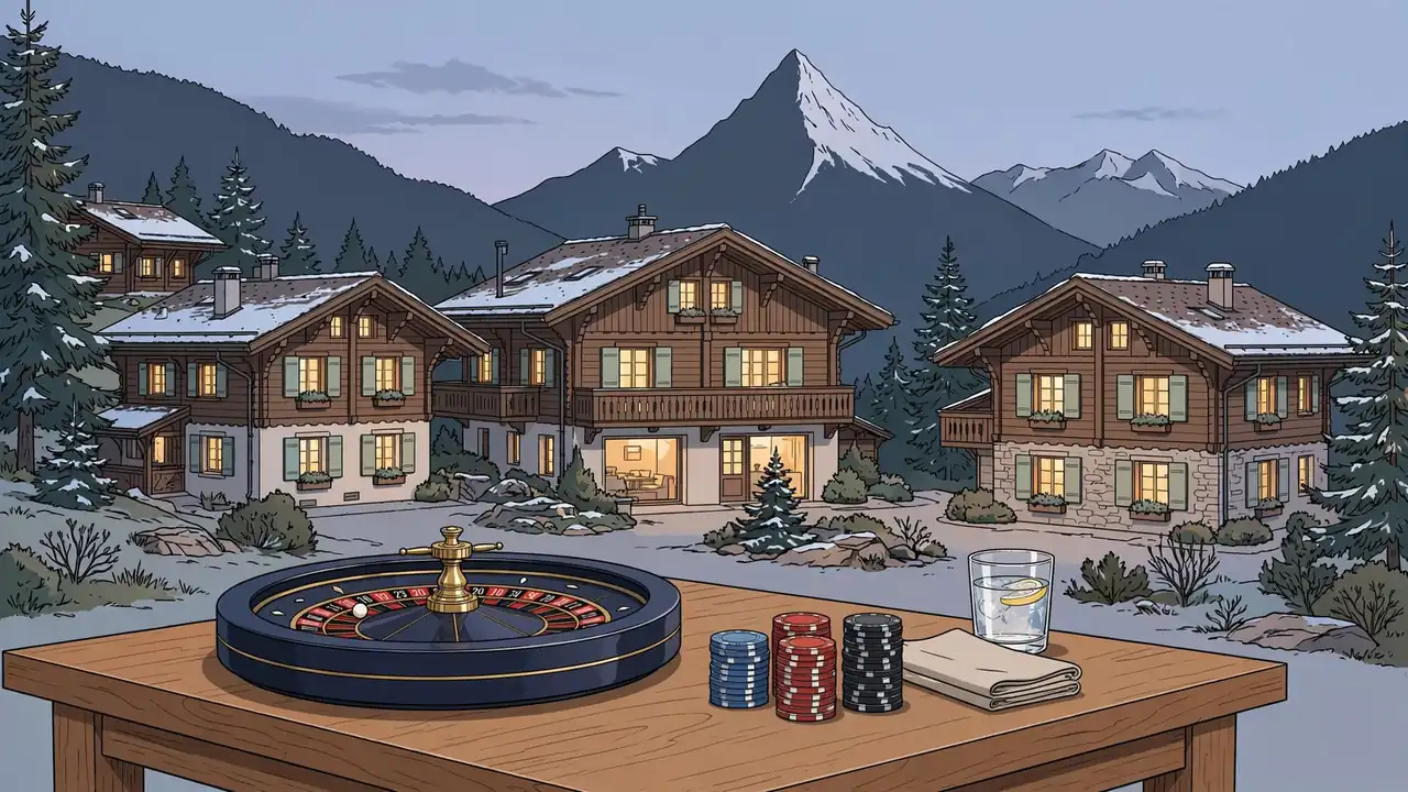 Schweizer Alpenstadt mit Roulette und Casino-Chips bei Dämmerung
