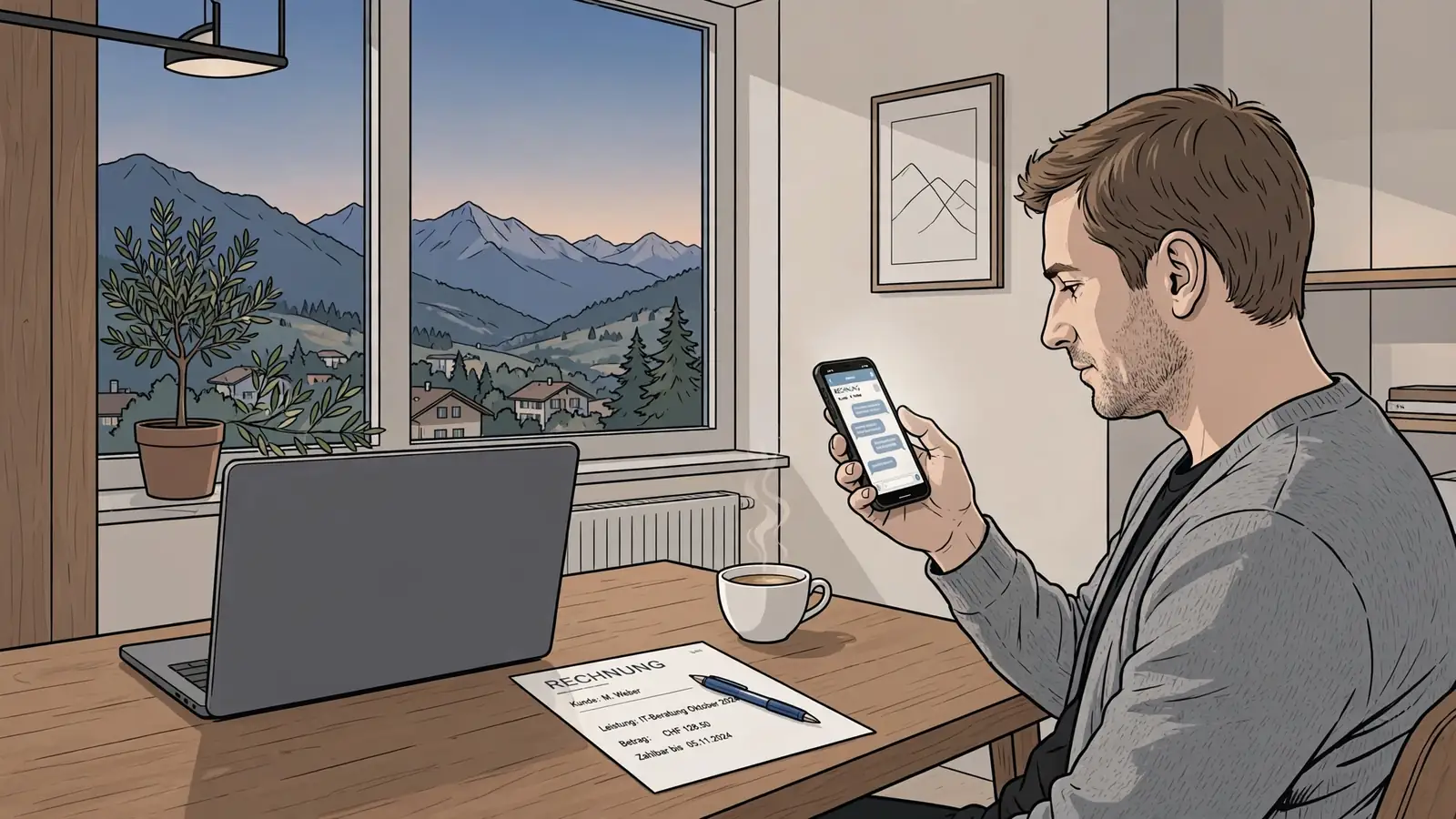 Schweizer Person am Schreibtisch mit Laptop und Rechnung