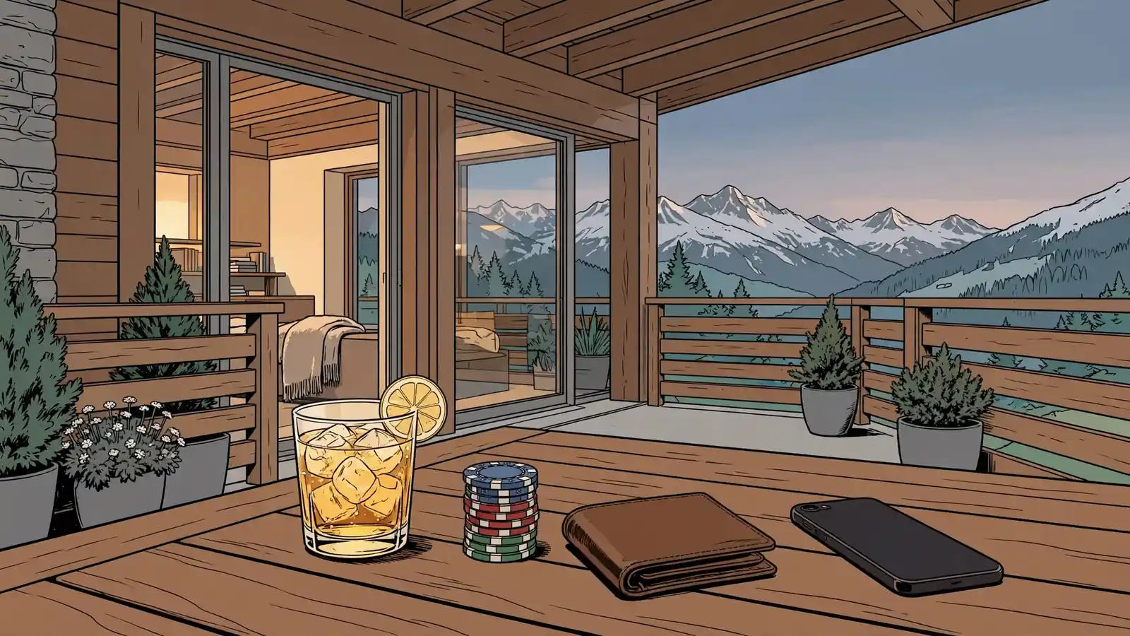 Schweizer Chalet-Terrasse mit Casino-Chips und goldenem Getränk in der Abenddämmerung
