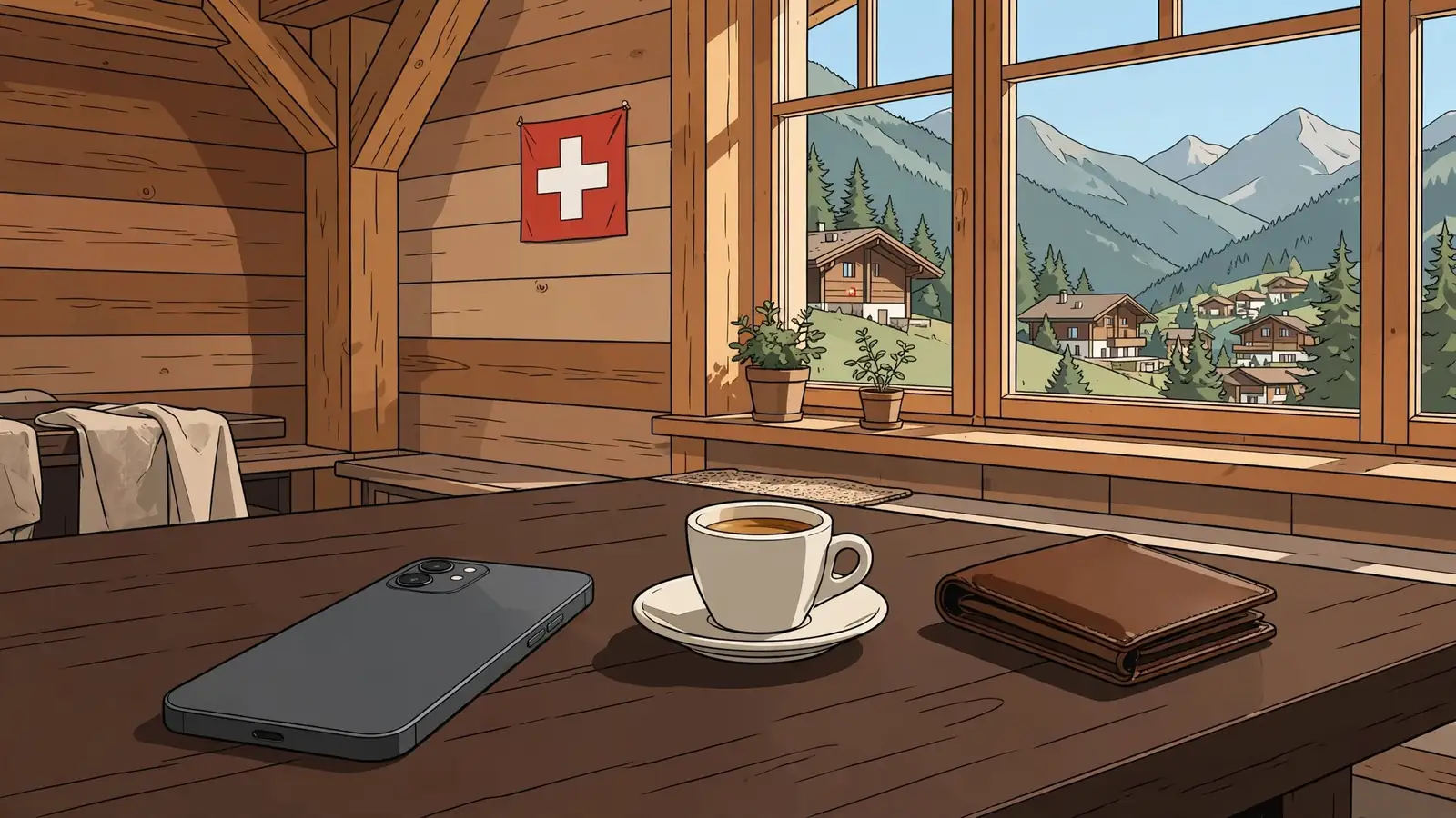 Schweizer Smartphone mit Espresso und Schweizer Flagge im Hintergrund