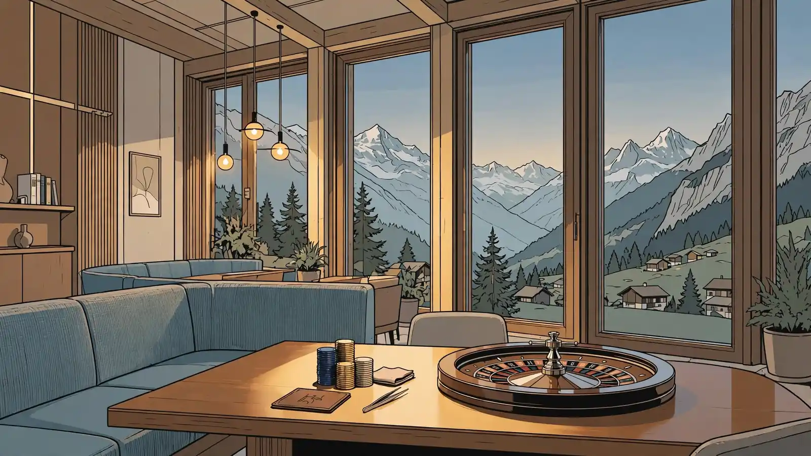 Schweizer Casino-Lounge mit Roulette und Alpenblick