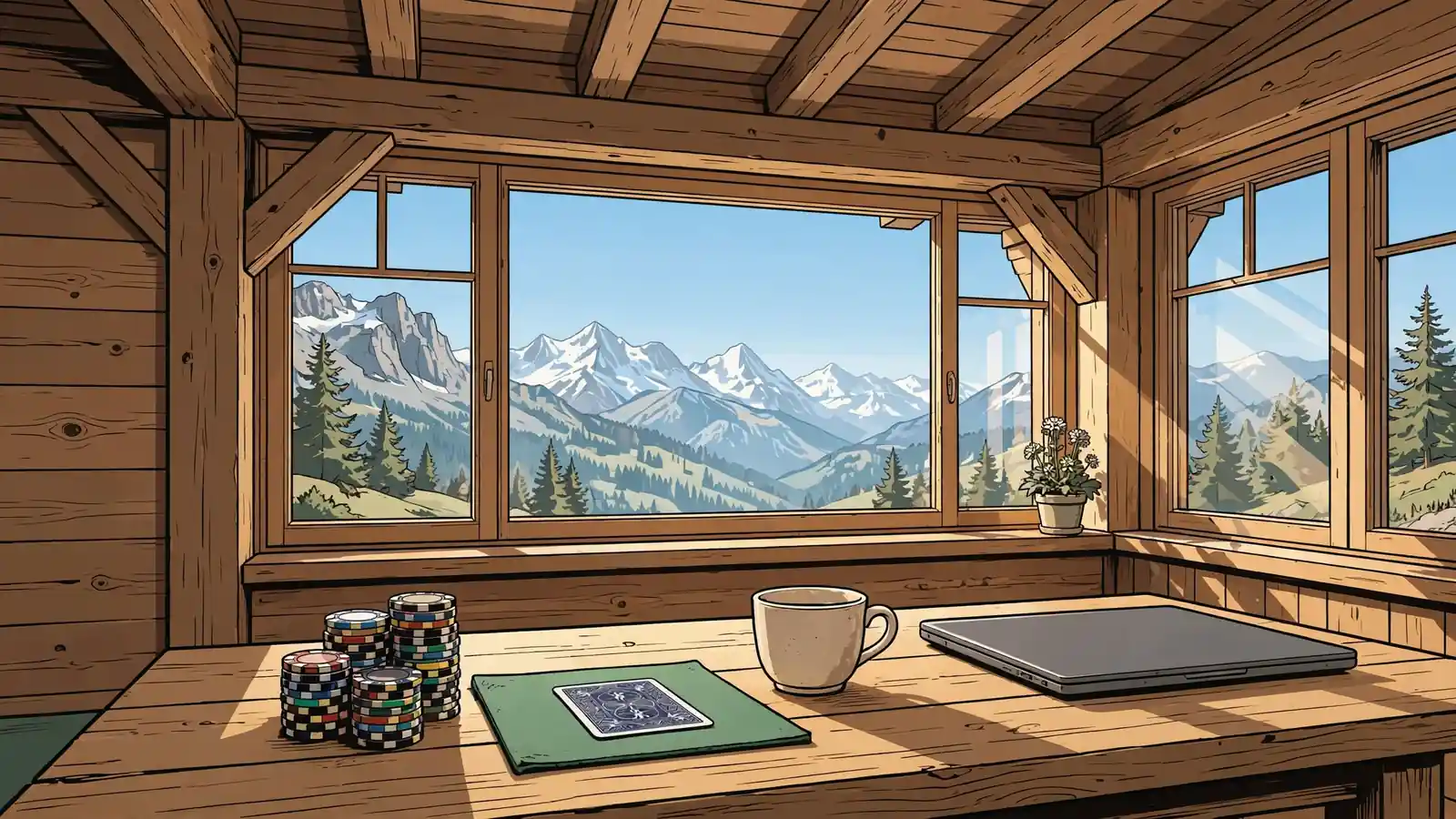 Schweizer Chalet-Tisch mit Casino-Chips, Spielkarten und geschlossenem Laptop vor Alpenpanorama