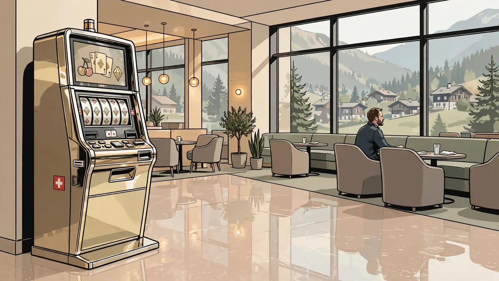 Modernes Schweizer Casino mit Spielautomaten und Alpenpanorama