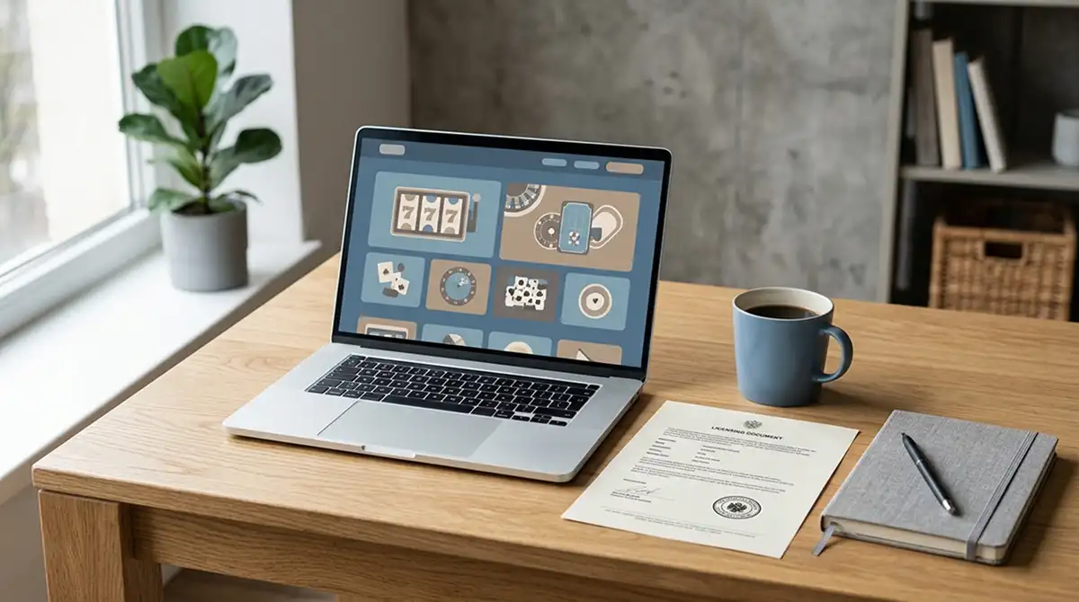 Online Casino ohne Schweizer Lizenz Testübersicht mit Laptop und Lizenzdokument